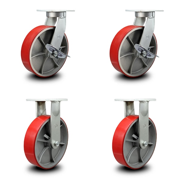 Service Caster 12 Inch Heavy Duty Red Poly on Cast Iron Caster Swivel Locks 2 Brakes, 4PK SCC-KP92S1230-PUR-RS-SLB-BSL-2-BSL-2 - main